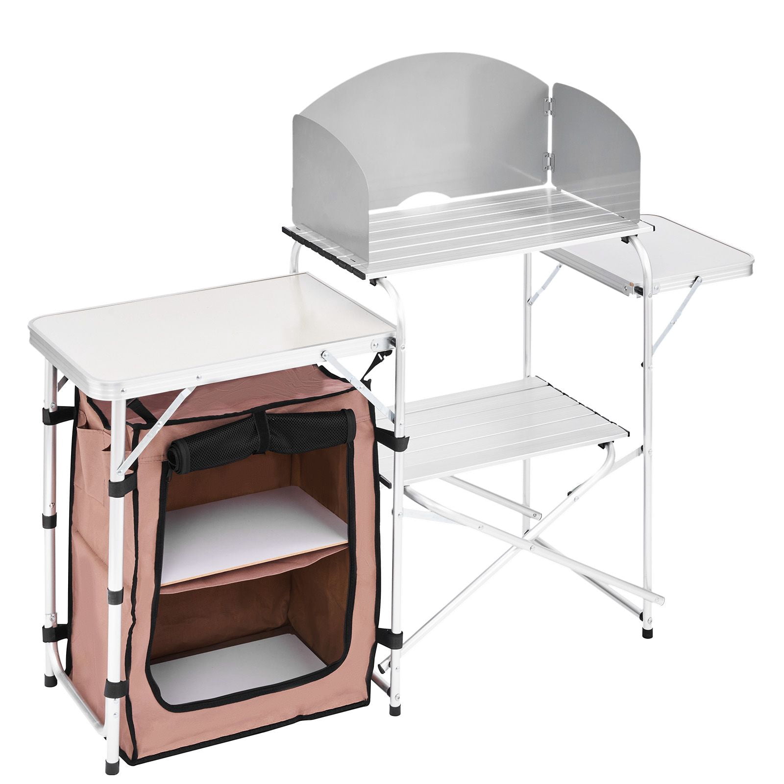 Portable Folding Cook Table for BBQ, Party and Camping, Outdoor 2-Tier Kitchen with Zippered Bag, Brown