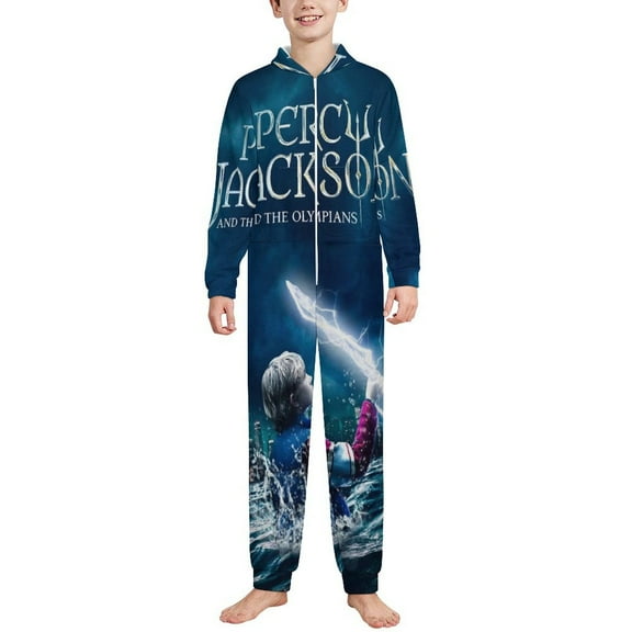 Kids Percy Jack-so Onesie Pajamas Zip Up One Piece Hooded Sleepwear Fleece Jumpsuits for Boys Girls