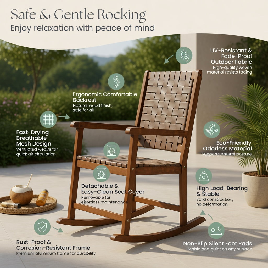 Hommoo Rubber Wood Patio Rocking Chair with PU Leather Seat, Indoor & Outdoor Balcony, Backyard, Living Room Rocker, Sturdy, Easy Assembly, Brown
