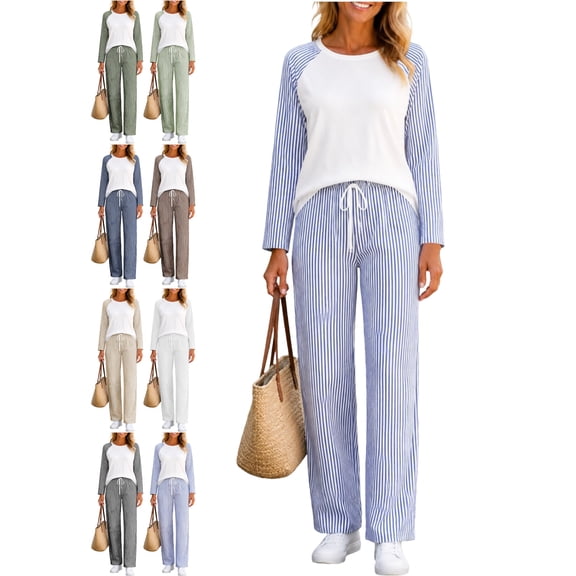 Casual T-Shirt Sets for Women Matching 2 Piece Outfit for Women Crewneck Pullover Long Sleeve Striped Oversized Loose Fit Pants Set