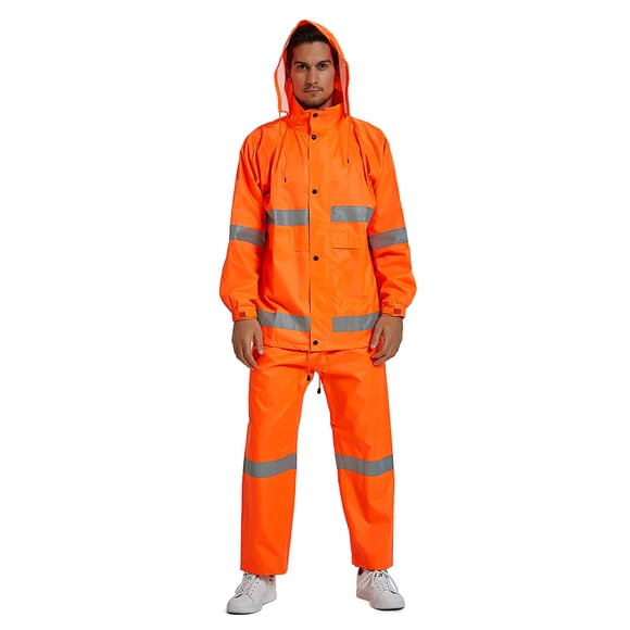 GOGO High Visibility Reflective Suit Waterproof Safety Rain Suit, ANSI Safety Jacket with Pants-Orange-M