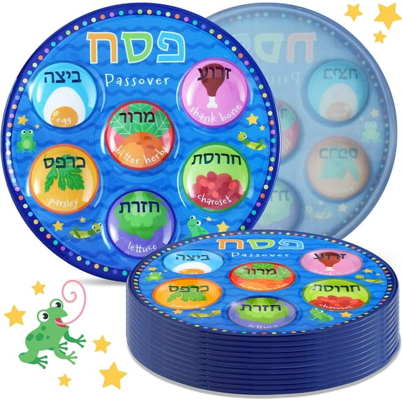 Vibrant Colored Bulk Disposable Childrens Passover Seder Plates 10" Quality Plastic Colorful Pesach Seder Plate for Kids Marked with Traditional Seder Food Specialty Dishware by Zion Judaica 12 Pack