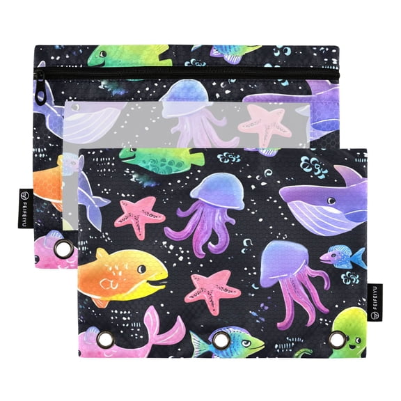 ALAZA 2 Pack Pencil Pouch Cute Whale Jellyfish Pencil Case for 3 Ring Binder Clear Window Pencil Bag Organizers
