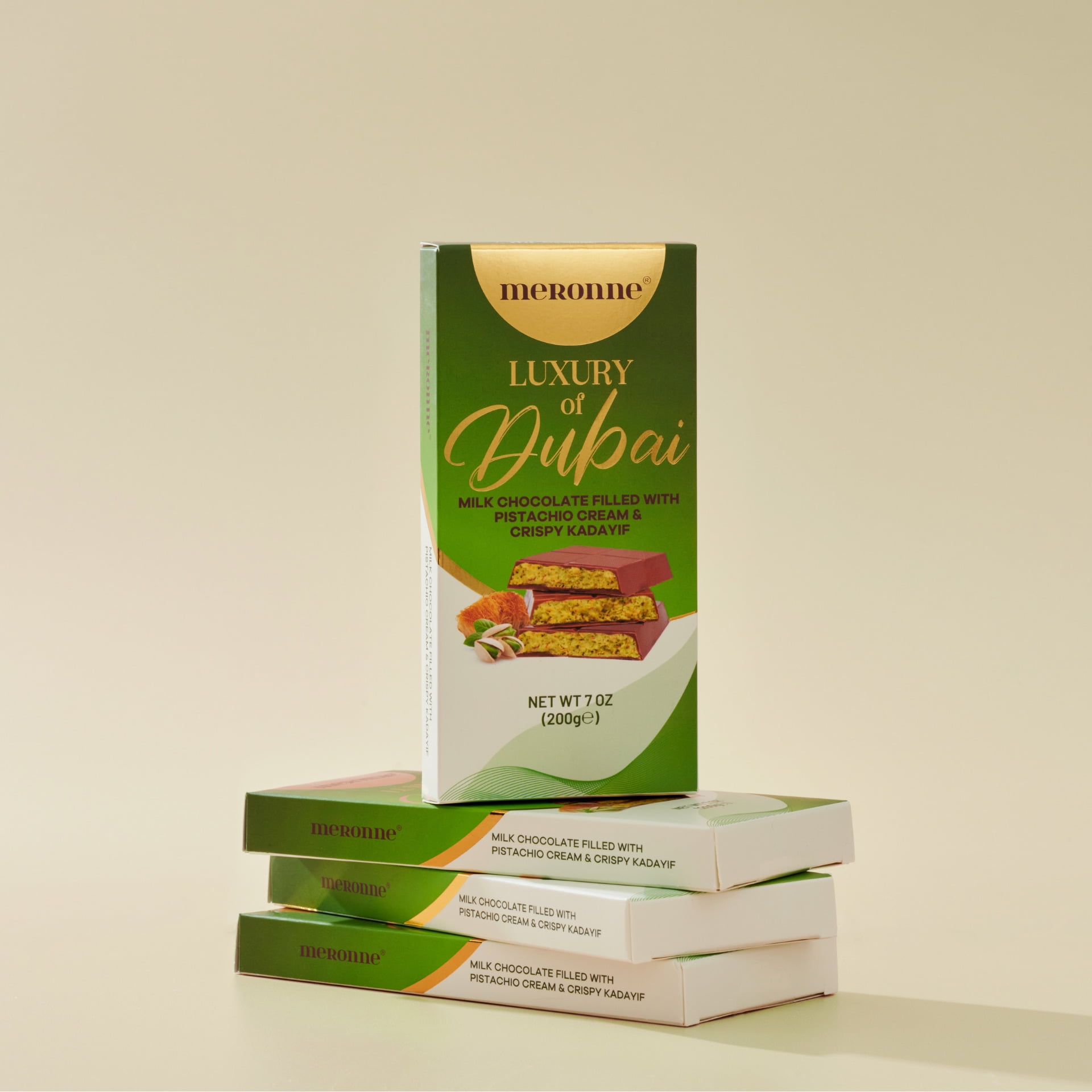 Meronne Premium Dubai Chocolate Bar - Milk Chocolate With Pistachio Cream  Kadayif - 7oz