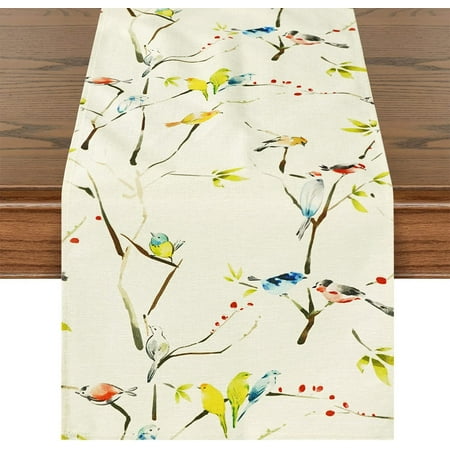 

SOVCFOE 100% Linen 13.8x71 Inch(35x180 cm) Long Washable Reusable Table Runner - Watercolor Color Bird Print for Spring/Summer Decoration