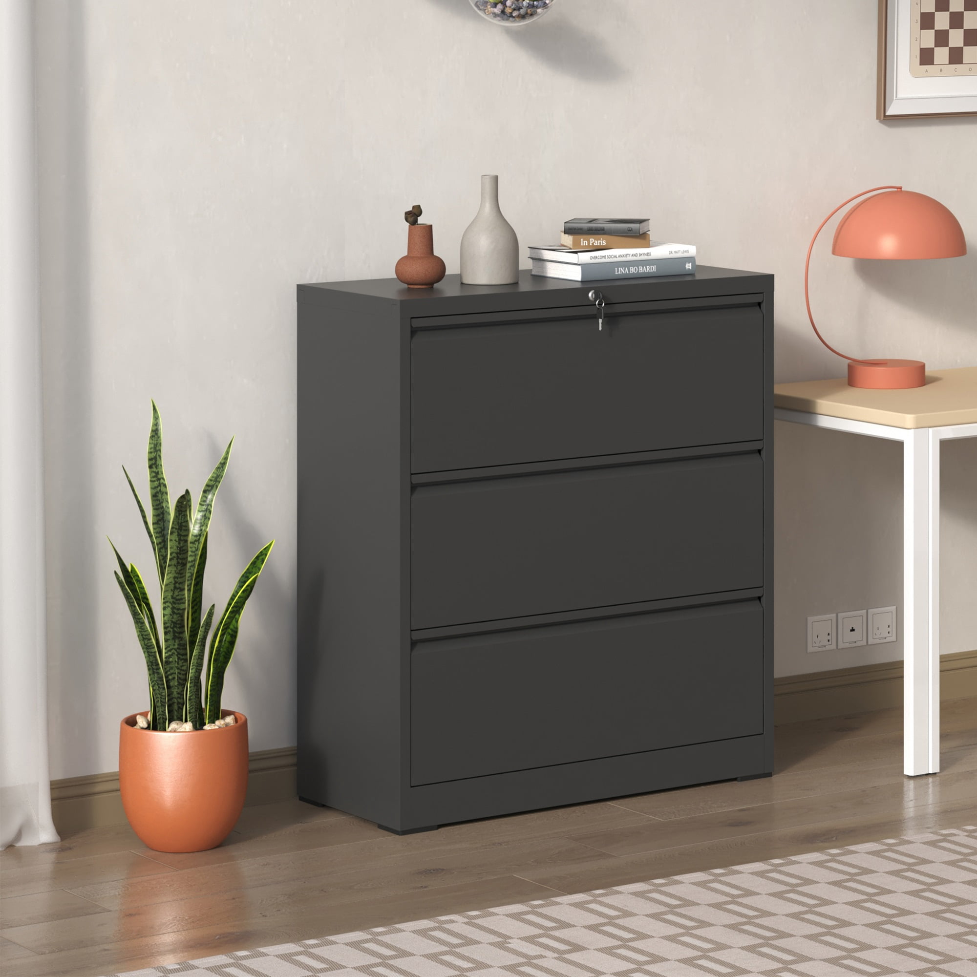Lateral File Cabinet 3 Drawer, Black Filing Cabinet with Lock, Lockable File Cabinet for Home Office, Locking Metal File Cabinet for Legal/Letter/A4/F4 Size