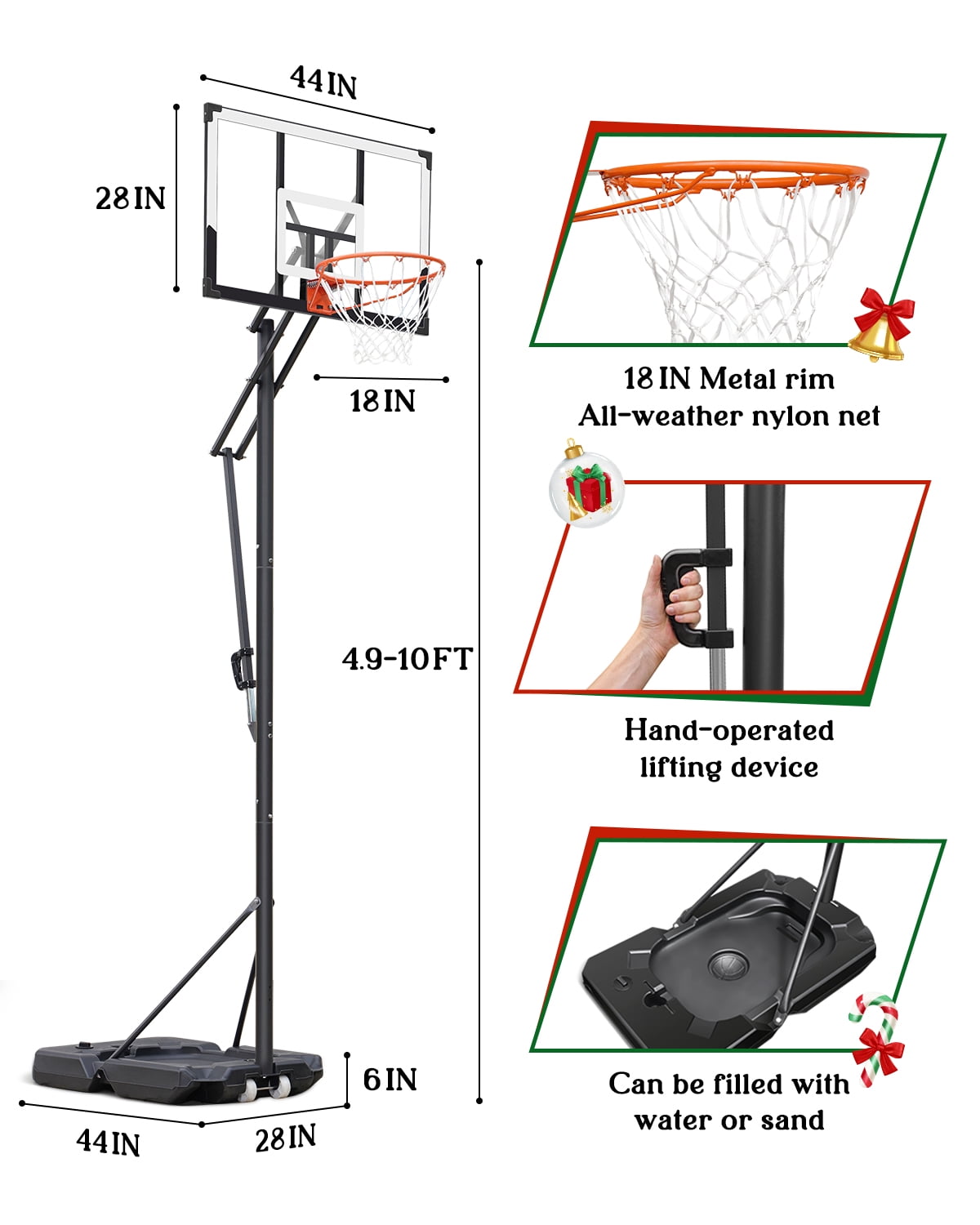 SERAY Basketball Hoop 4.9-10 feet Height Adjustable for Kids, Teens & Adults, 44 inch Backboard and Portable Wheels, Basketball Goal System for Outdoor/Indoor Sports