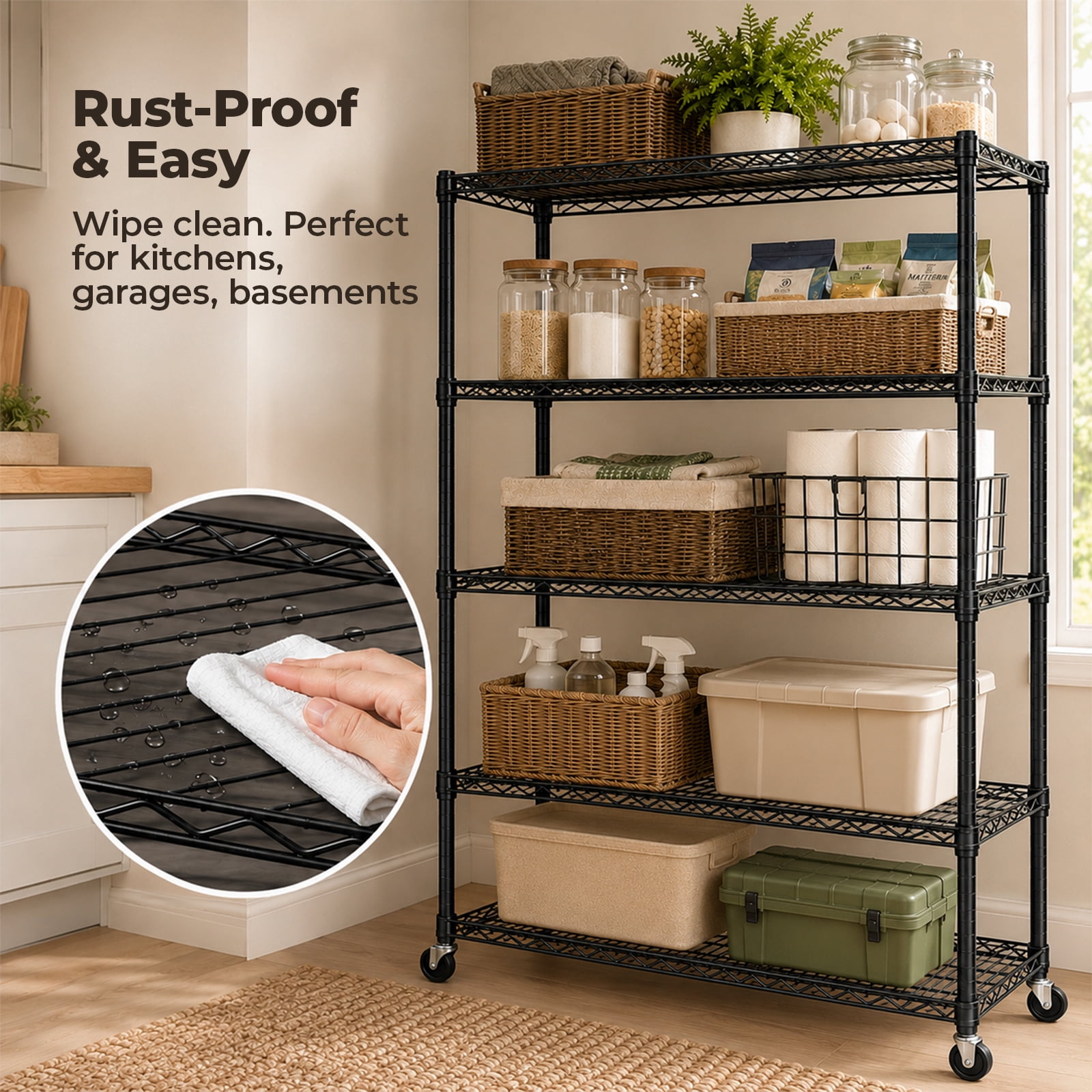 Alvantor 3/4/5 Tier Heavy Duty Adjustable Metal Shelf with Wheels, No-Tool Assembly, Suitable for Garages, Kitchens, Storage Rooms, Laundry Rooms and Offices