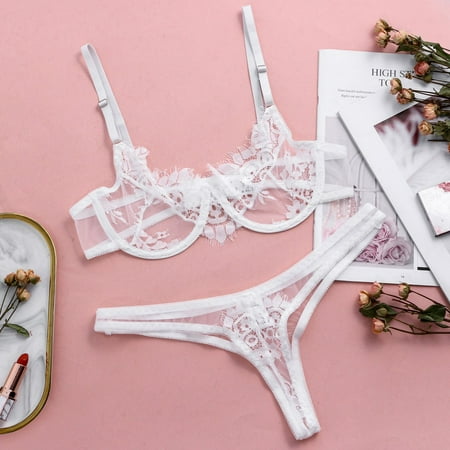

DENGDENG Women Sexy See Through Underwire Lingerie for Women 2 Piece Lace Mesh Bra and Panty Set