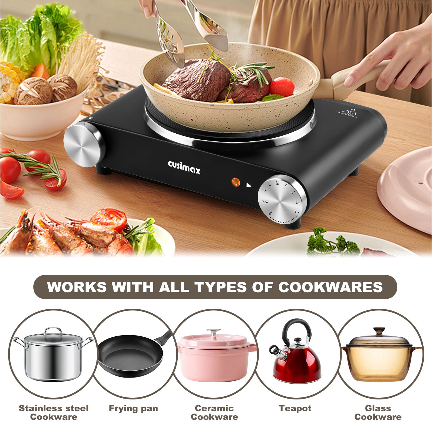 Cusimax 1500W Electric Hot Plate for Cooking Portable Single Burner Heat-up in Seconds Adjustable Temperature Control Stainless Steel Black