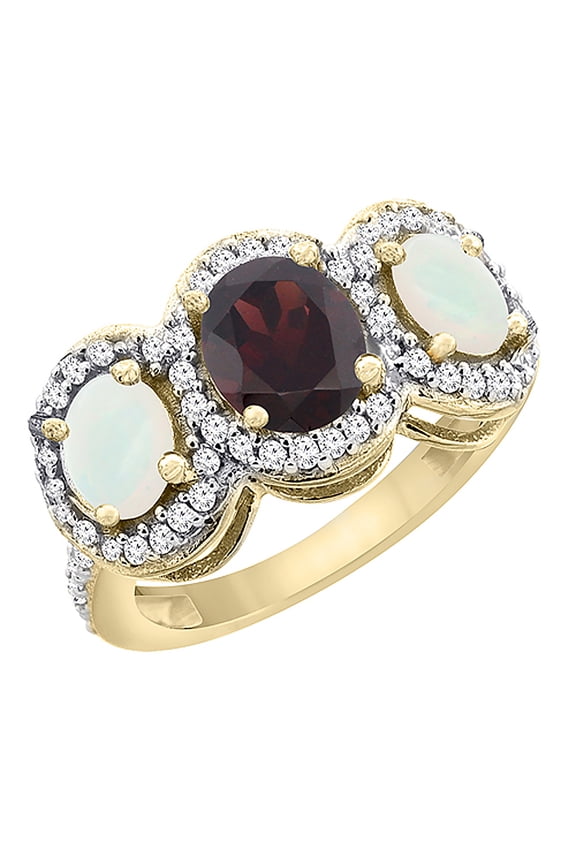 14K Yellow Gold Natural Garnet & Opal 3-Stone Ring Oval Diamond Accent, size 5.5
