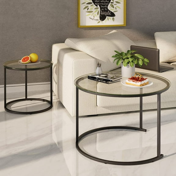 Modern Black Tempered Glass Nesting Coffee Table Set of 2, Small Round Side Table for Living Room, Bedroom, Studio Apartment
