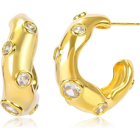 Gold Hoop Earrings for Women 14K Gold Plated Irregular Cubic Zirconia Chunky Hoop Earrings Sparkly Round CZ Simple C Shaped Open Hoop Statement Earrings Trendy Post Earrings Jewelry Gift for...[k625]