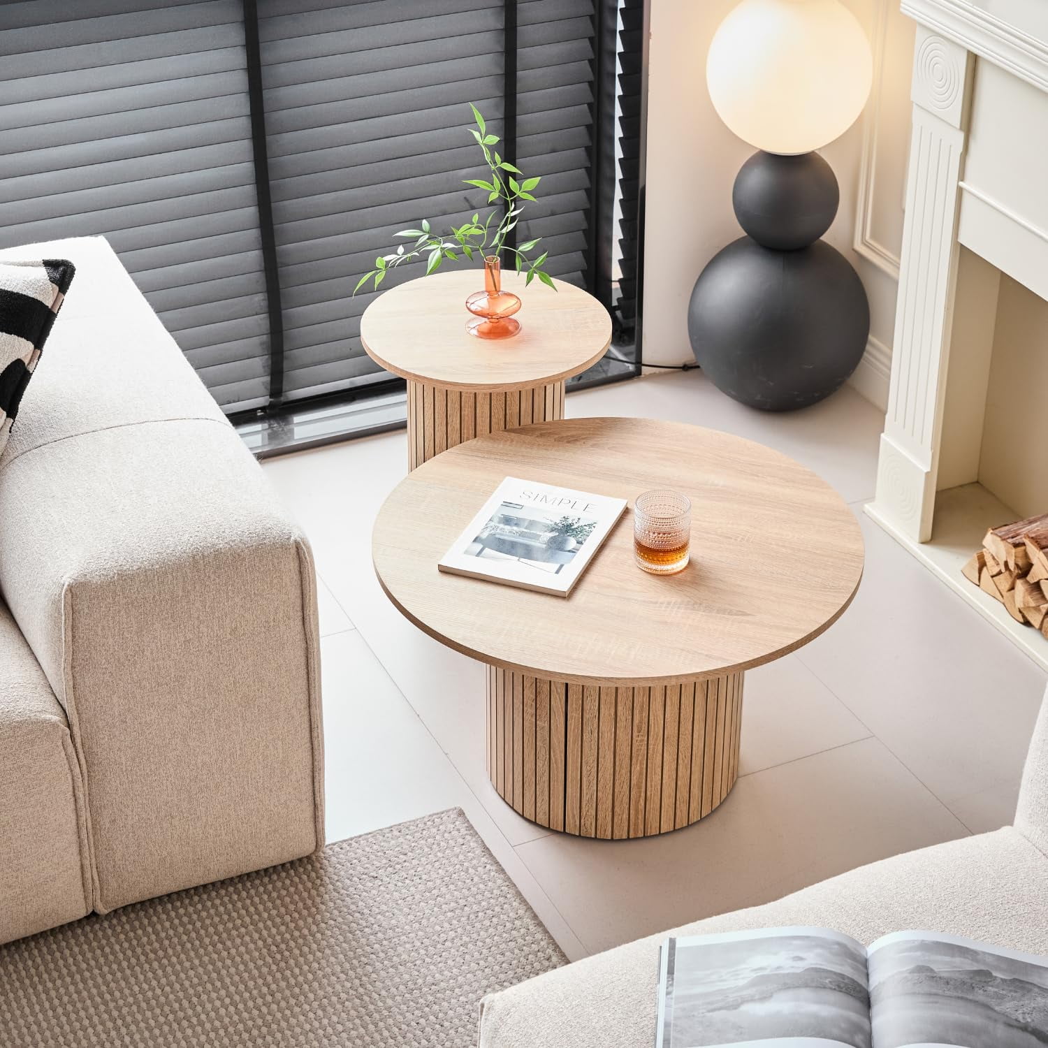 Round Nesting Coffee Tables Set of 2, Boho Wood Circle Side Table Fluted Drum, Farmhouse End Table for Living Room Bedroom, Apartment(Natural)