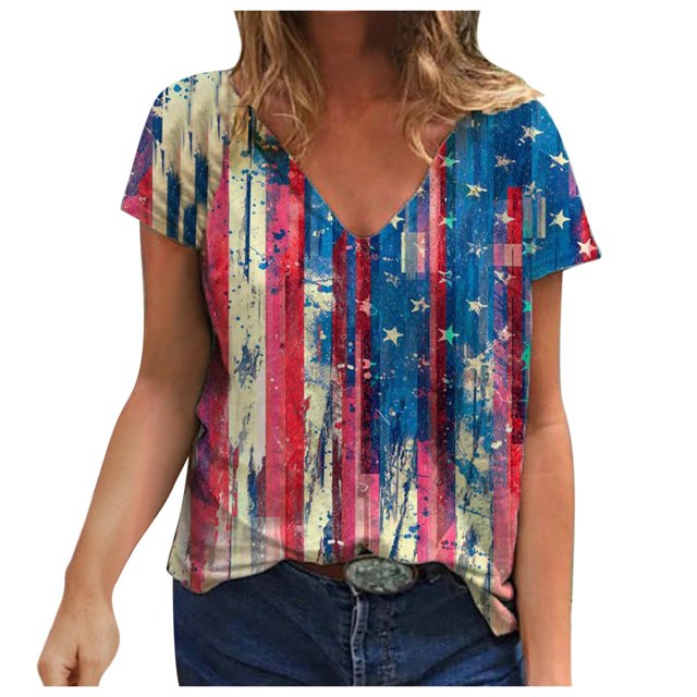 Pompotops Mode Femme Manches Courtes T-Shirt Imprimé 3D Col en V Blouse