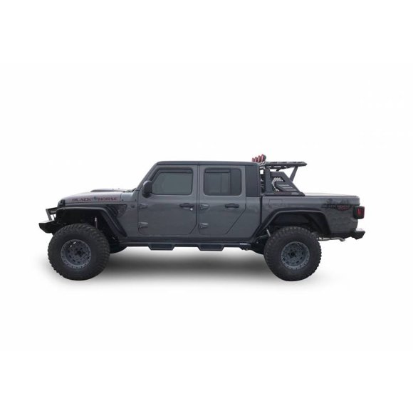 Fits 2020-2023 Jeep Gladiator JT Black Horse Offroad Truck Bed Bar AR2-09BA3-PLFR Armour II; Rugged Style; With Removable Red Black Horse Logo Side Plates; With Harness and Switch; With Cargo Basket