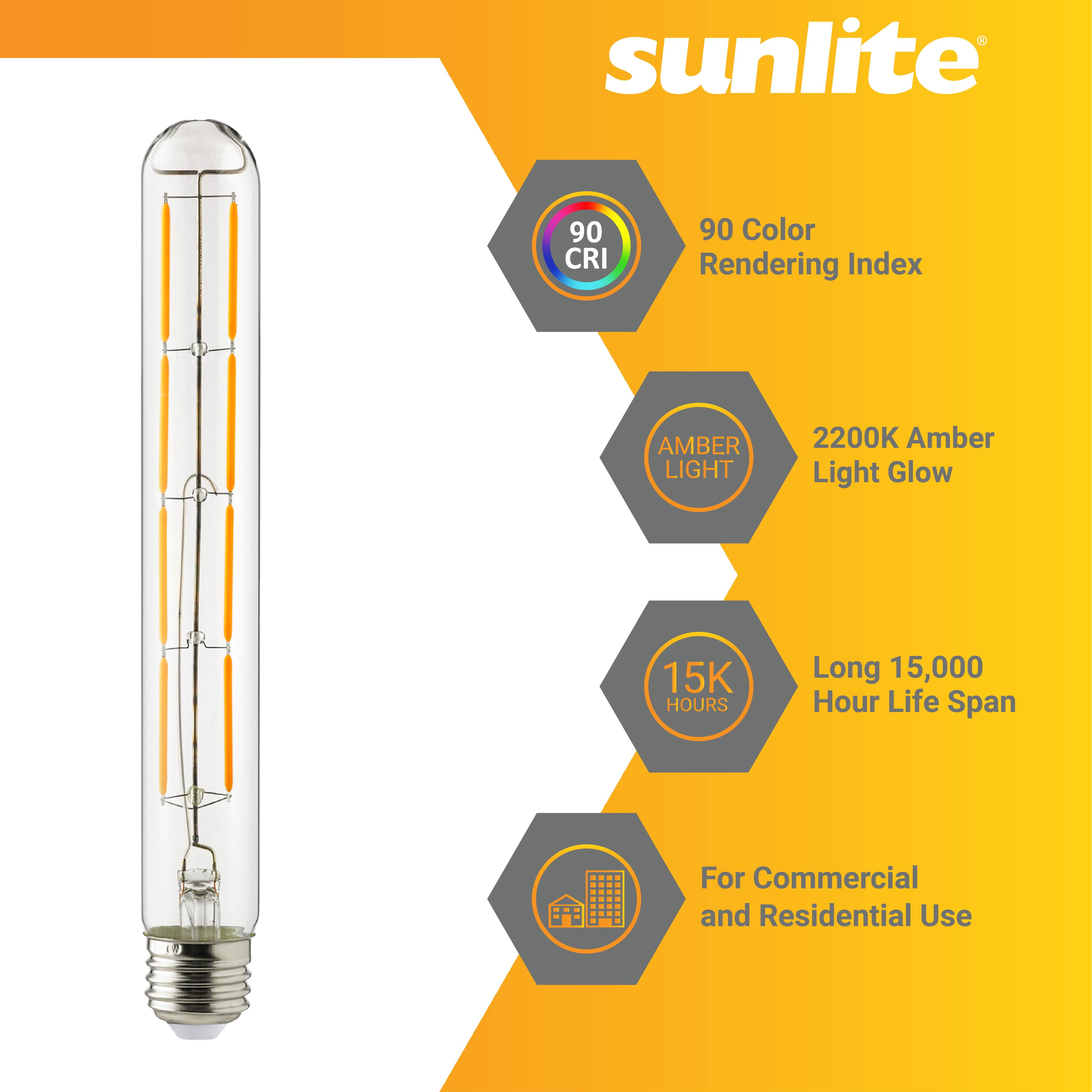 Sunlite 41911 LED Filament T10 Tubular Light Bulb, 6 Watts (60W Equivalent), 570 Lumens, Medium E26 Base, 120 Volts, Dimmable, 90 CRI, UL Listed, Title-20 Compliant, 2200K Amber, 5 Pack