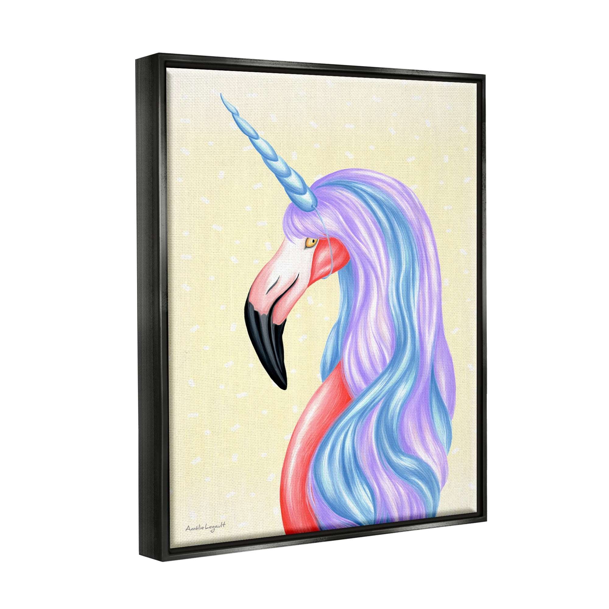 Stupell Industries Radiant Flamingo Bird Pastel Unicorn Horn Hair Graphic Art Metallic Gold Floating Framed Canvas Print Wall Art, Design by Amelie Legault