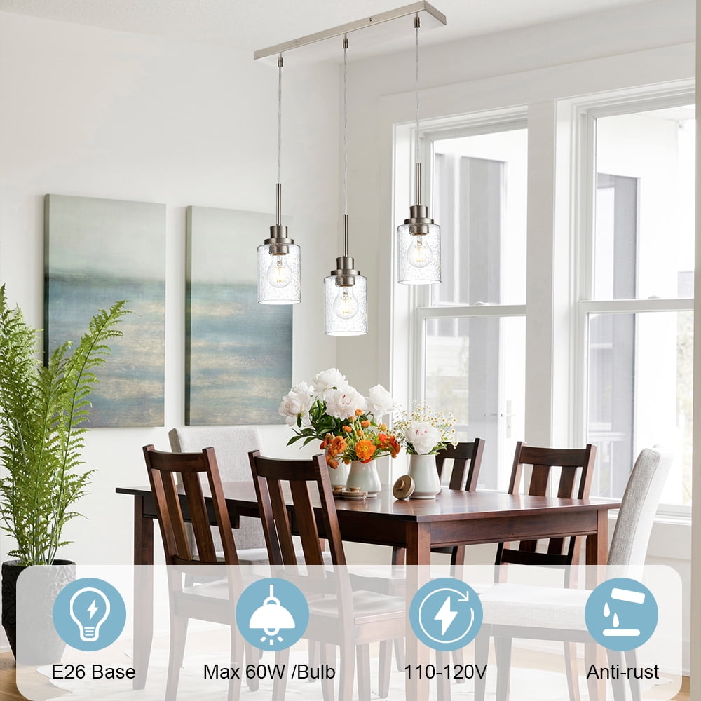 Melucee Farmhouse Dining Room Chandelier 3-Lights Brushed Nickel Kitchen Island Light, Clear Glass Pendant Lighting Fixtures