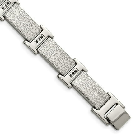 Auriga Fine Jewelry Stainless Steel Polished and Textured with Black CZ 8.5 inch Link Men s Bracelet