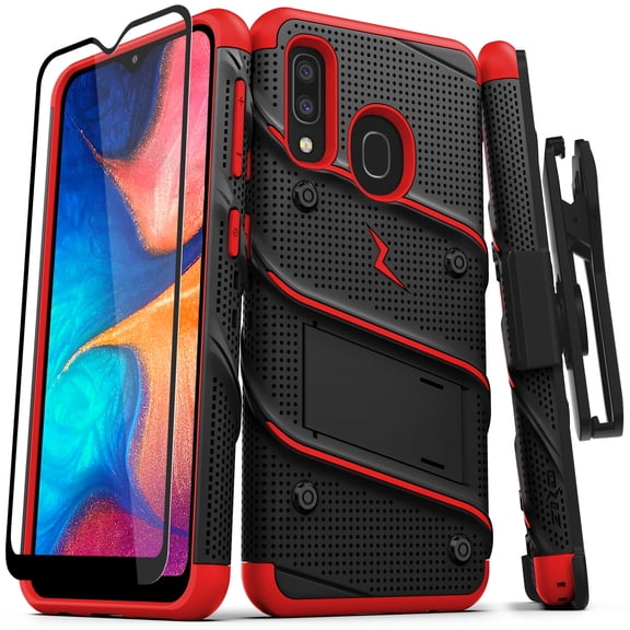 ZIZO BOLT Series for Samsung Galaxy A20 Case | Heavy-duty Military-grade Drop Protection w/ Kickstand Included Belt Clip Holster Tempered Glass Lanyard Galaxy A50 - Black/Red