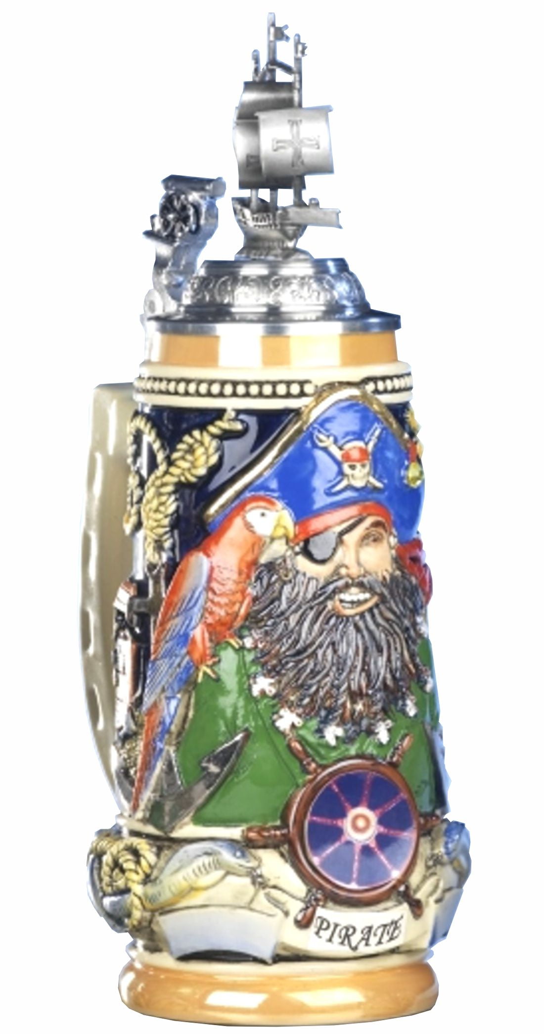 German Beer Stein Pirate Blackbeard Relief Stein, sailing ship lid, canon thumbrest 0.5 liter
