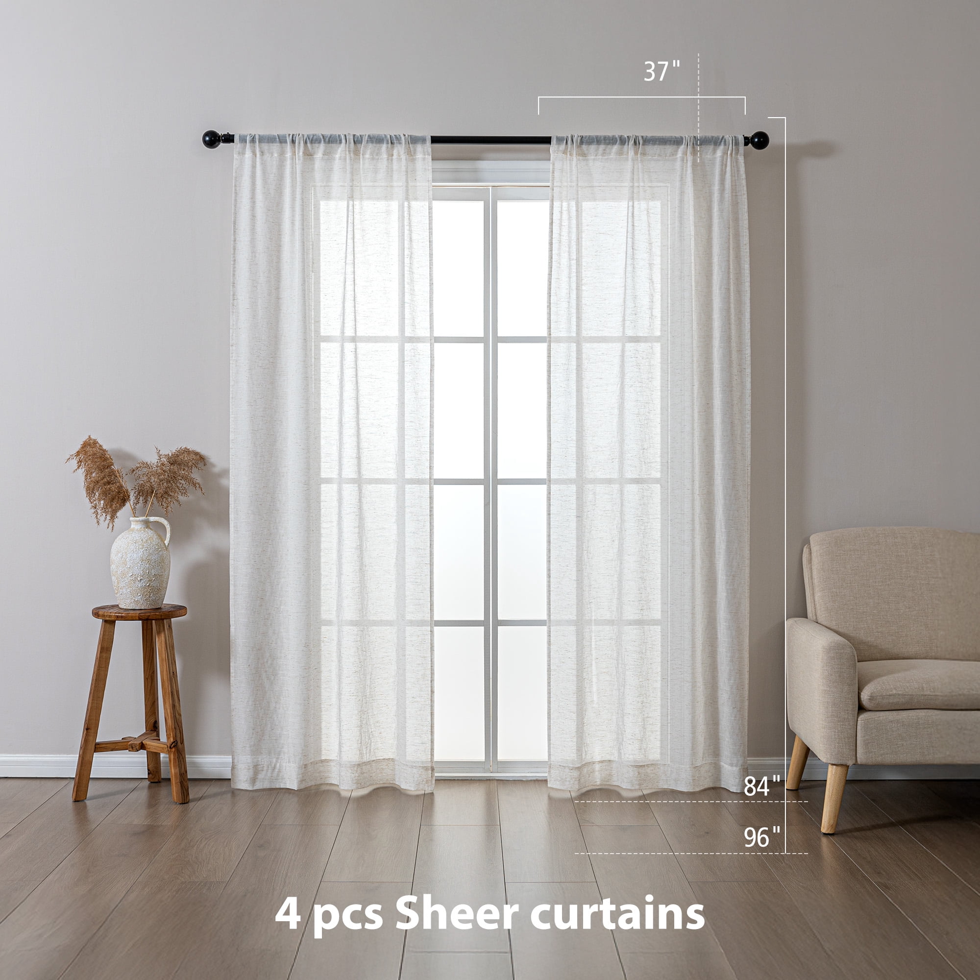 Vintage Touch Linen Sheer Curtains 37" × 84", Charlotte Window Curtains Set of 4 Panels for Bedroom, Living Room