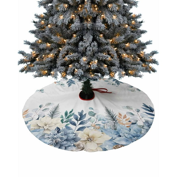 Blue Poinsettia Christmas Christmas Tree Skirt 36 Inches Large Christmas Skirt Tree, Xmas Eucalyptus Leaves Snowflake Tree Skirt Christmas Decorations for Fireplace Party Holidays Indoor Outdoor
