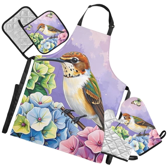 Ryvnso Hummingbird and Hydrangea-1 Kitchen Apron Oven Mitts Set Pot Holders