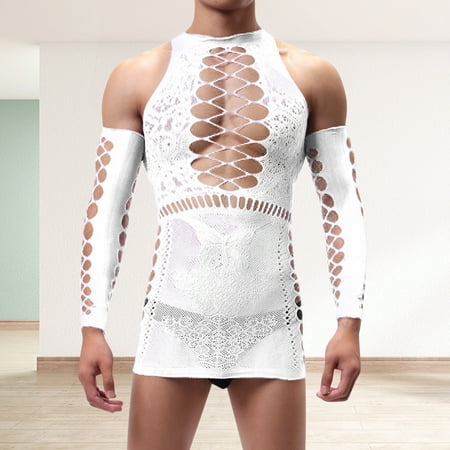 Sentmoon Lingerie for Men Men s High Elastic Net Pullover Suit Long-sleeved One-piece Stockings Suspenders Large Net High-elastic One-piece Hollow Women s Lingerie  Sleep & Lounge Valentines Day Gift