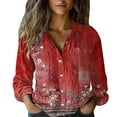 thumbnail image 2 of Women Cotton Shirt Printed Fashion Button Down Shirts Casual Tops Long Sleeve Blouse Red, 2 of 7