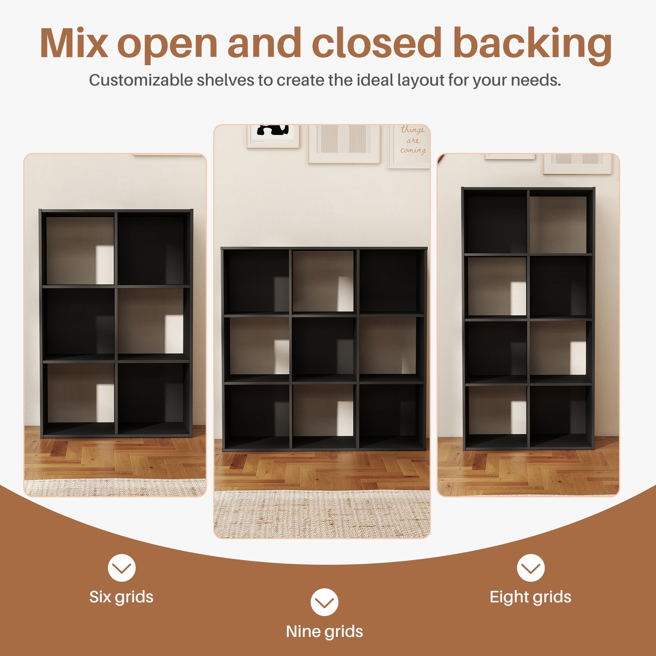 CONCETTA 8 Cube Storage Organizer, Open Corner Bookshelf with Removable Back Panels for Living Room Bedroom Office, 24*12*48 inches, Black