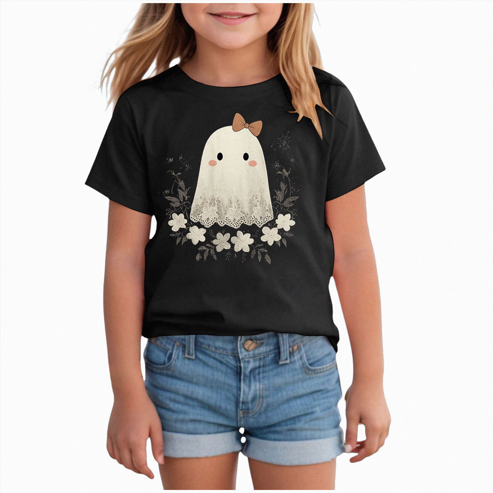 felwors Girls Ghost Graphic Halloween T-Shirt Kids Black Cat Flower Print Shirt Spooky Season Tee Short Sleeve Fall Tops(Black 18-24 Months)