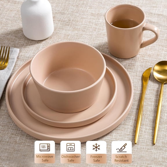 Plates and Bowls Sets for 4 -  16 Piece Stoneware Dinnerware Sets with Mugs, Ceramic Dishware Sets for Kitchen Dining Use, Chip and Scratch Resistant Microwave Dishwasher Safe, Brown