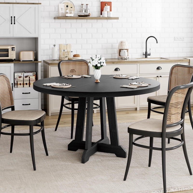 TROPOW Round Dining Table, 47 Inch Dining Table for 4-6, Farmhouse Kitchen Table with Wood Pedestal Cross Base, Thick 1.2'' Tabletop 300LB, Adjustable Feet