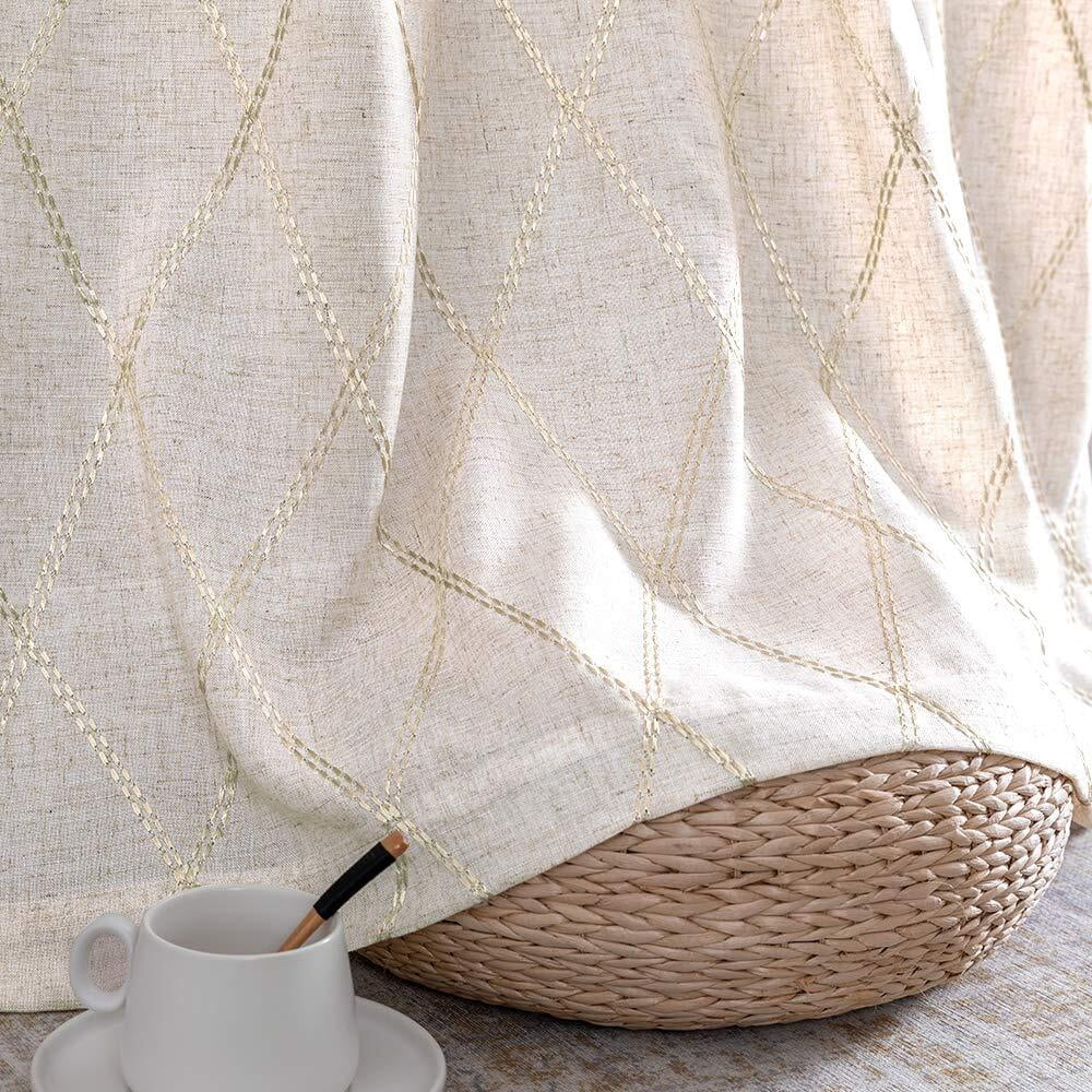 Curtainking Linen Curtains for Living Room 63 inch Farmhouse Diamond Embroidered Flax Window Drapes Light Filtering Grommet Curtains 2 Panels Beige