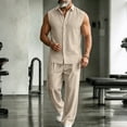 thumbnail image 2 of Bpyeka Men's Linen-Look Sleeveless Two-Piece Matching Set, Button Down Collar Shirt & Drawstring Waist Pants, Breathable Casual Outfit, S-3XL, 2 of 5