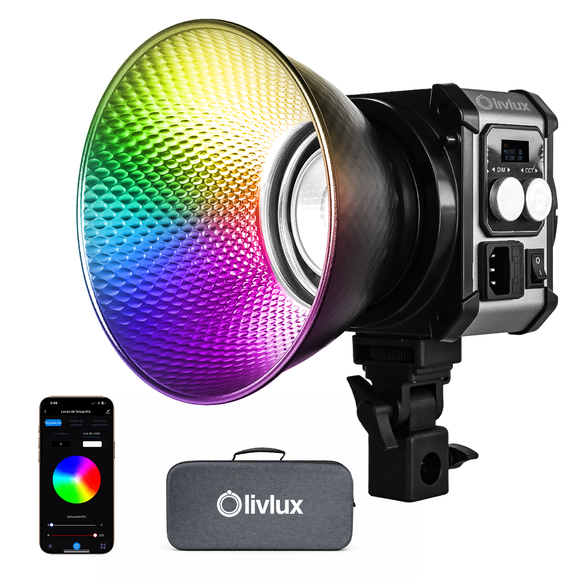 Luz LED COB RGB 200W LIVLUX L200 con app Bluetooth, 2700K a 6500K, montura Bowens, CRI 95 y reflector