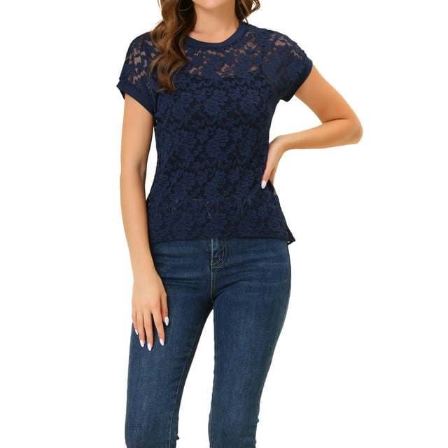 INSPIRE CHIC Haut en Dentelle Florale Transparent à Manches Courtes Décontracté pour Femme P Bleu Foncé