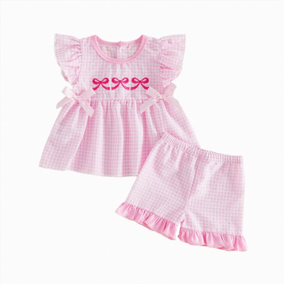 KPOPLK 2 Piece Toddler Girl Clothes for 12 Months 2T 3T Summer Outfit Ruffle Sleeveless Gingham Bow Embroidered Top and Ruffled Shorts Set(18-24 Months,Pink)