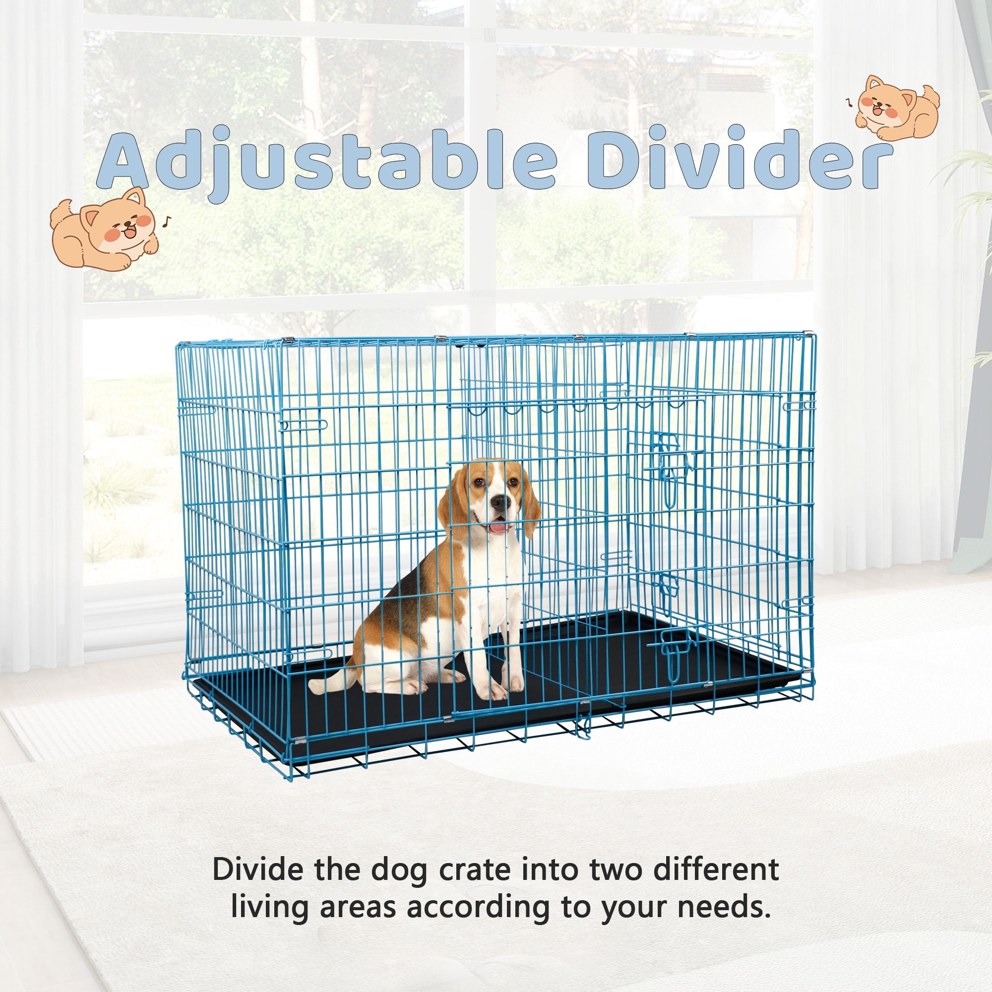 YRLLENSDAN Puppy Crate, 24in Dog Cage for Small Dogs Dog Kennel Indoor Metal Dog Crate Foldable Dog Crate with Divider & Double-Door Wire Dog Crate, Blue