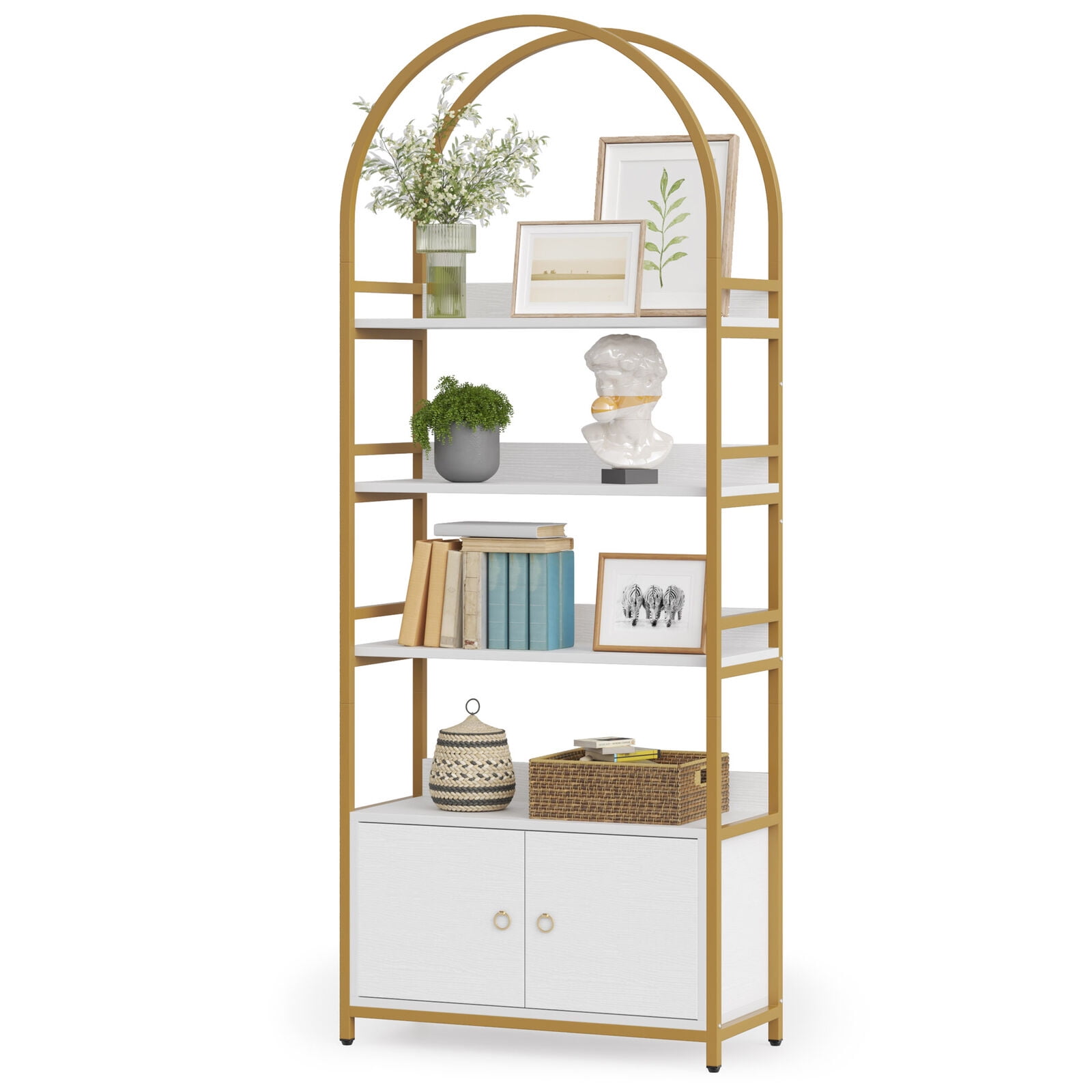 4-Tier Bookshelf with Cabinet, 75.9 Tall Etagere Bookcase with Door