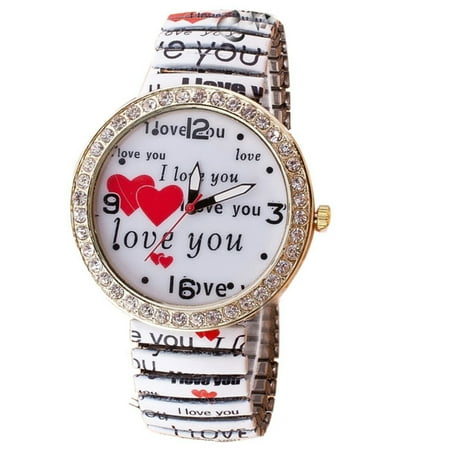 Crystal Heart Watch - I Love You Double Heart Crystal Watch White Stretch Band Woman Watch-239
