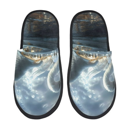 

Honeii Fantasy Swan Yacht Design Print Furry Slippers Bedroom Slippers for Women and Men Fuzzy Plush Comfy Faux Fur Lined Slide Shoes -Medium