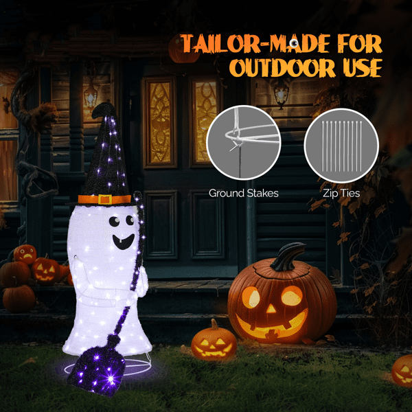 Alvantor 4 ft Lighted Pop-Up Ghost Halloween Decoration with Witch Hat, Broom and 135 White and Purple LEDs, Black and White