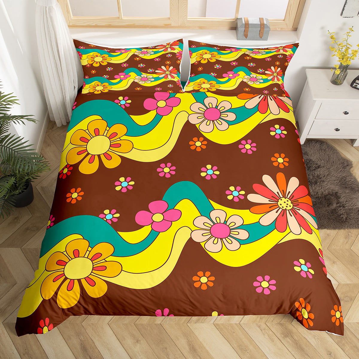 70S Groovy Flowers Duvet Cover Full Size Psychedelic Hippie Flower ...