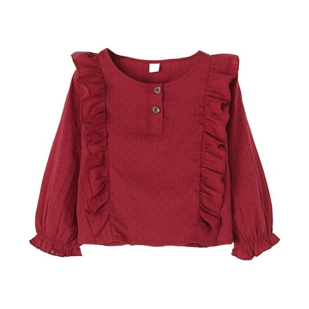 

KIMI BEAR Infant Girls T-shirt 18 Months Infant Girls Autumn Top 24 Months Infant Girls Sweet Solid Color Ruffle Long Sleeve Top Burgundy