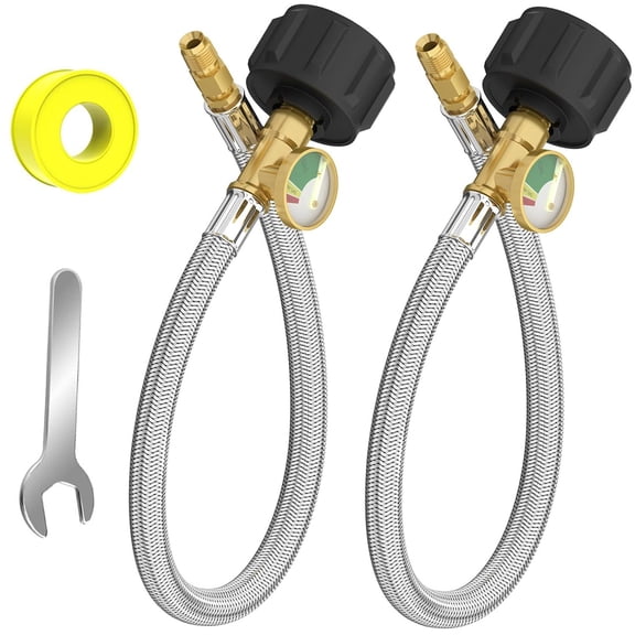 2 PCS 18 Inch RV Propane Hose with Gauge, Stainless Steel Braided Camper Tank Propane Hose,Rv lp Gas Hose Connector for Standard Two-Stage Regulator,1/4" inverted male flare /QCC1 Fitting