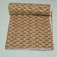 thumbnail image 2 of Geometric Indian Kantha Quilt â€“ Handmade Cotton Block Print Bedspread in Mustard Brown, Retro Style, 2 of 9