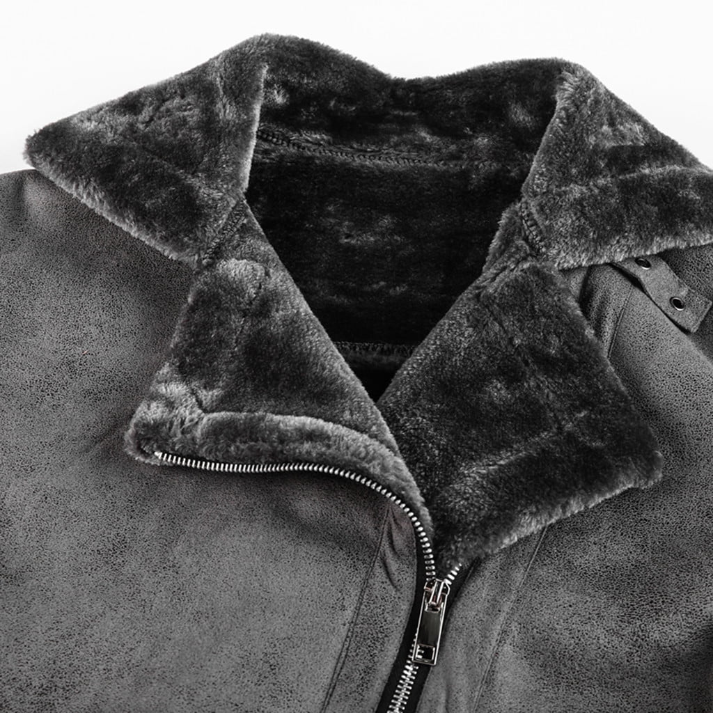guisaled Men's Faux Leather Jacket Men Fuzzy Sherpa Fleece Lined Bomber Jackets Button Down Lapel Collar Winter Coats with Shearling Lining
